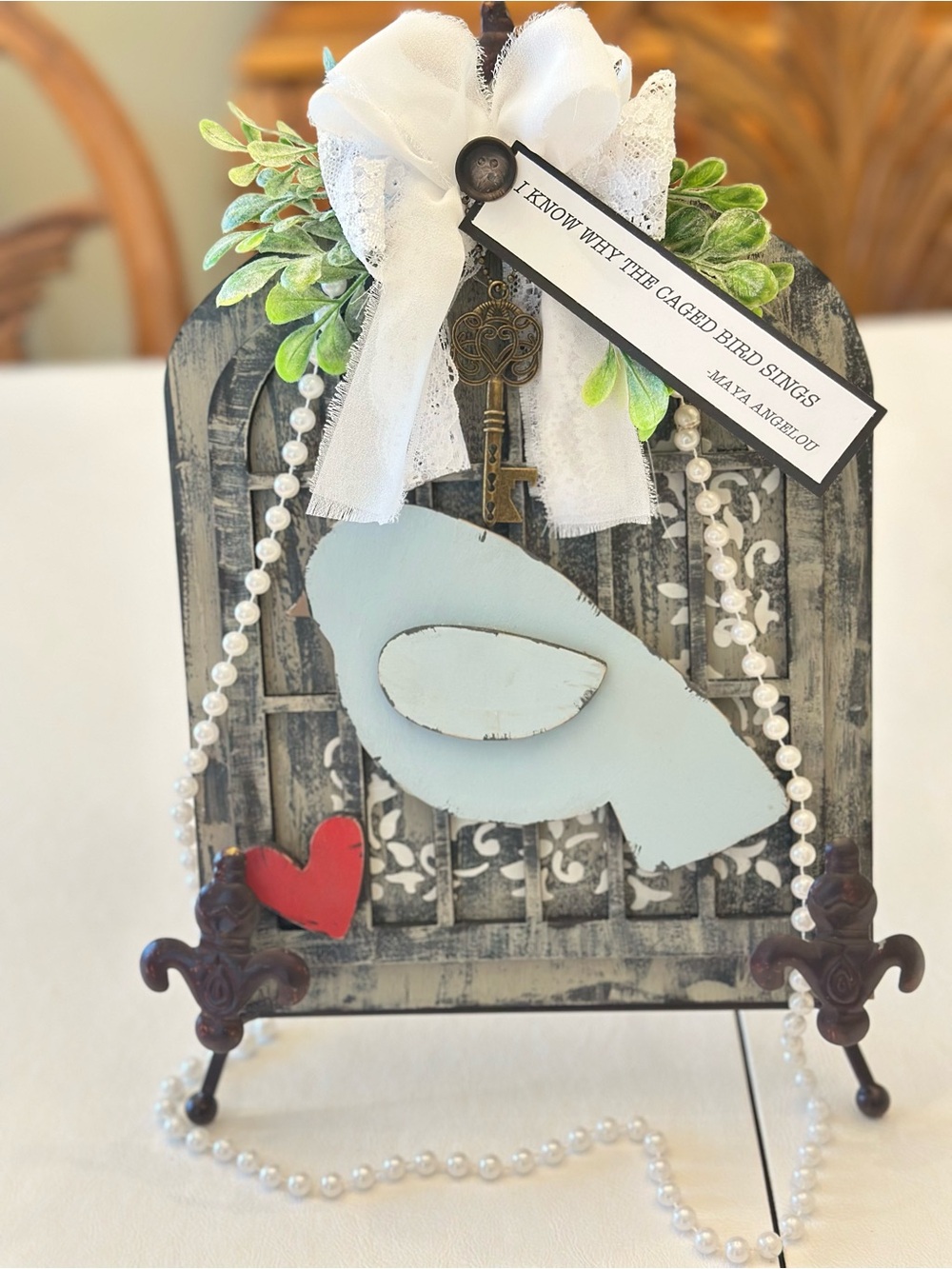 Handcrafted Blue Bird Wall Art with Red Heart - Rustic Home Decor